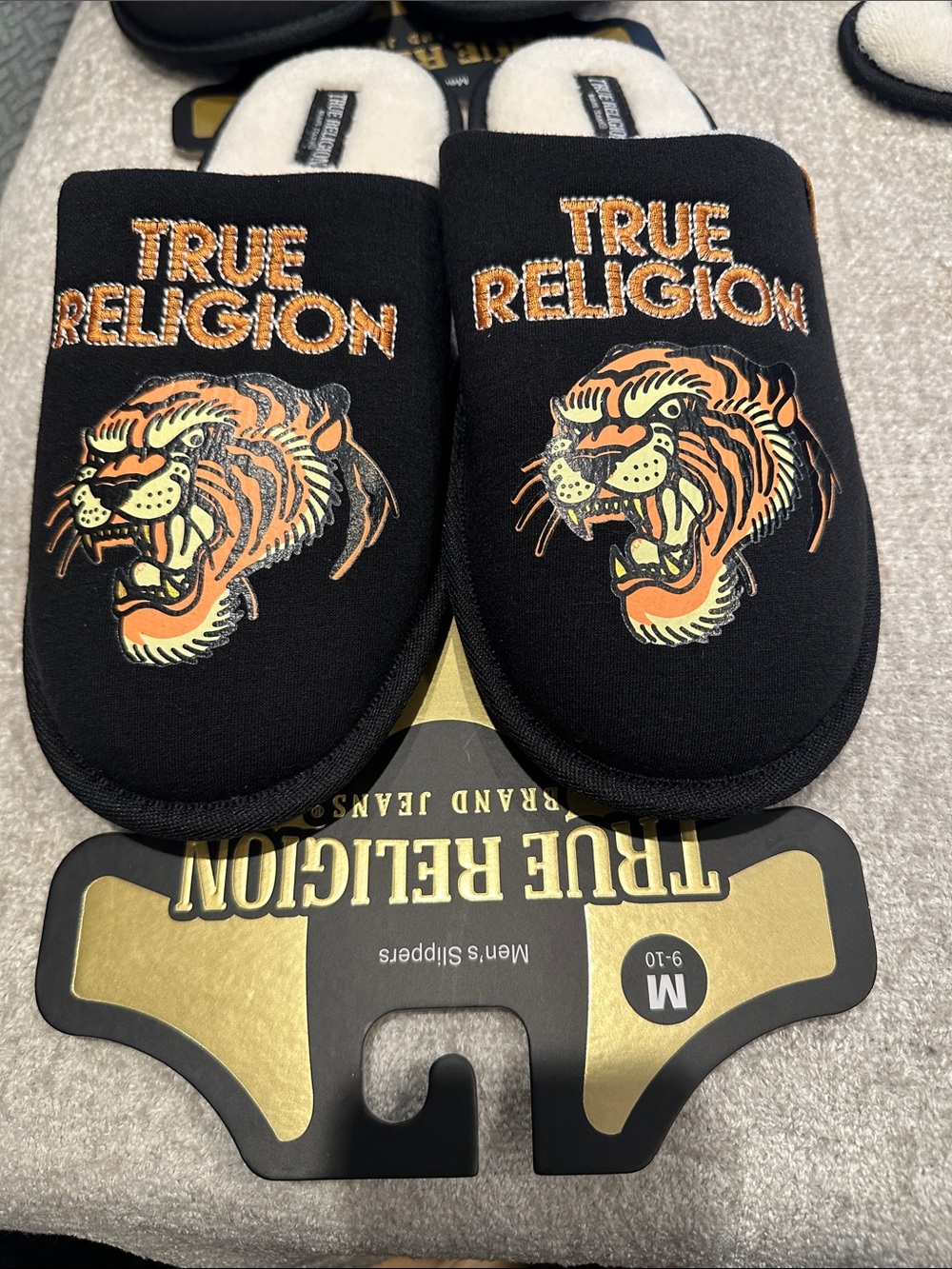 True Religion Black Tiger Logo Slippers